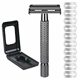 URAQT Rasierhobel Herren, 2-Seitigem Klingenkopf Safety Razor, Edelstahl Nassrasierer, Vintage Hochwertiger Rasierhobel Mit 10 Rasierklingen, Reise-Etui und Eingebautem Spiegel (Schwarz)
