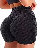 SEASUM Damen-Workout-Shorts, brasilianisch, strukturiert, Booty Leggings, Shorts, Anti-Cellulite, Scrunch, Butt Lift, #1 Wabenstruktur, Schwarz, Groß