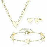 Kakonia Schmuck Set Damen mit Herz Anhänger - Gold Kette, Einstellbare Armband und Ohrringe für Valentinstag