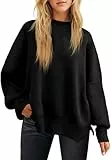 Fisoew Damen Pullover Langarm Rundhals Einfarbig Strickpullover Herbst Winter Pulli Oberteile mit Seitenschlitz Schwarz,M