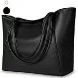 URAQT Damen Handtasche Schwarz, EXTRA GROSS 35x36cm Handtaschen für Damen PU Leder mit Plüsch Schlüsselring, Tote Shopper Bag mit Reißverschluss & Tasche, 10L Schultertasche für Einkaufen Schule Reise