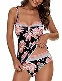 Aottori Tankini Damen Bauchweg Bademode Set Zweiteiliger Badeanzug Push up Tankinis Oberteil mit Badeshorts Rosa Schwarz L