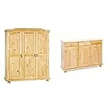 Inter Link Bauernschrank Kleiderschrank Dielenschrank Landhausschrank Garderobenschrank 3 Türig Kiefer massiv Natur lackiert & Sideboard mit drei Türen und drei Schubladen, braune Farbe, 130x87x43 cm.