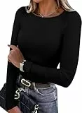 WIHOLL Damen Langarmshirt Leichte Fleece Thermounterwäsche Rundhals Basic T Shirt Herbst Oberteile Damen Slim Fit Thermo Unterhemd Schwarz M