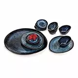 SÄNGER | Servierplatten Tokio 11 tlg, Schalen & Teller Set, Geschirrset Steingut inkl. Servierplatten & Dip Schalen, Servierset Spülmaschinenfest Dunkelblau mit Schwarzen Akzenten | PREMIUM COLLECTION