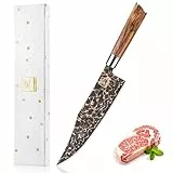 zayiko ShadowMagma Chefmesser, 21,5 cm Damast Kochmesser aus 73 Lagen Damaststahl mit VG10 Kern und V Schliff ca. 15°, mit Kupfer und Bronze Einlage, Griff aus Apfelwurzelholz, Geschenkbox
