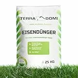 TerraDomi Eisendünger 25kg für ca. 1000m² | Turbo-Dünger abgestimmt auf Rasenflächen mit Moos | Granuliert, streuwagengeeignet und staubfrei