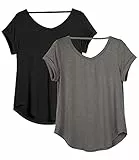 icyzone Damen Rückenfrei Yoga T-Shirt Kurzarm Sport Freizeit Tops Lose V-Ausschnitt Shirt, 2er Pack (XL, Schwarz/Dunkelgrau)