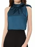 Allegra K Damen Elegant Satin Ärmellos Fliege Ausschnitt Solide Arbeit Bluse Top, blau - Peacock Blue, Groß