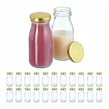 Relaxdays Flaschen, 24er Set, mit Schraubdeckel, für Smoothies, Saft, Milch, kleine Glasflaschen, transparent/Gold