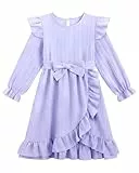 JiAmy Kleider für Mädchen Langarm Kleid Kinder Elegante Rüschenärmel Festliches Einfarbig A Linie Swing Partykleid Winterkleider mit Gürtel 120, Lila