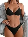 GORGLITTER Bikini Damen Set Mit Ketten Neckholder Bikini Set Triangel Bikini Sexy Zweiteiliger Badeanzug Mit Perlen Bademode Schwarz M