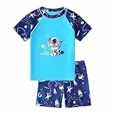 NautySaurs Blauer Badeanzug für Jungen, Badehose für große Kinder, Dinosaurier, Hai, Zweiteiliger Badeanzug, T-Shirt, Shorts-Set (Astronaut, 7-8 Jahre)