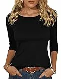 Totatuit Damen Tshirt mit 3/4 Arm Oberteile Slim Fit Basic T-Shirt mit Bateau Ausschnitt Stretch Langarmshirt Baumwolle Schwarz M
