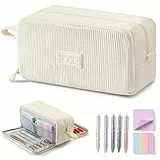COZCLAM Federmäppchen Cord-Stoff 3 Fächer, Große Kapazität Mäppchen mit Stiften & Haftnotizen, Pencil Cases Schulmäppchen mit Reißverschluss,Schreibwarenbeutel für Schule Büro Teenager Mädchen(Beige)