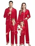 SWOMOG Passende Pyjama-Sets für Paare Seide Satin Pjs-Set mit 2 Taschen Langarm Button Down Nachtwäsche Nachtwäsche-Pjs-Set Weiblich Rot M