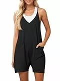 Ebifin Damen Latzhose Kurz Arbeitshose Sommer Lose Overall Jumpsuit Ärmelloser Latzhosen mit Große Taschen.Schwarz.S
