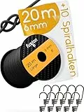 fuxton® Gummiseil (6 mm x 20 m + 10 Spiralhaken), Expanderseil, Gummileine, Bungee Cord Marine, Spanngummi Meterware, schwarz