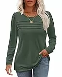 WNEEDU Damen Langarmshirt Rundhals Lässige Lose Pullover Damen Trendy Falten Sweatshirt Herbst Winter Puli Oberteile Bluse Tunika Tops Grün L
