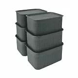 Relaxdays Aufbewahrungsbox 6er Set, mit Deckel, Organizer-Box 5 L, HBT: 13x26,5x19 cm, Stapelbox Kunststoff, grau