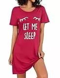 Uniexcosm Nachthemd Damen Kurzarm Süß Schlafshirt Wimperndruck Nachtwäsche mit Rundhals Sommer Soft Sleepshirt Weinrot-1 M