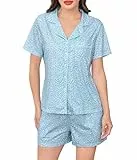 Wikoan Schlafanzug Damen Kurz mit Knopfleiste Baumwolle Pyjama Damen Sommer Kurzarm Schlafanzüge Zweiteiler Hausanzug Nachtwäsche Grün-weiße Blume L
