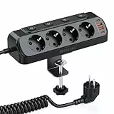 Tischsteckdose mit USB C 20W, Kinglink Steckdosenleiste Schreibtisch einzeln Schaltbar, 4Fach Mehrfachsteckdose mit Schalter, Überspannungsschutz mit 2M Kabel für Zuhause Büro, Schwarz