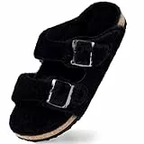 Harvest Land Hausschuhe Damen Plüsch Fell Latschen Warmfutter Pantoffeln Kunstpelz Open Toe Flat Pantolette Outdoor Indoor Slip auf Anti-Rutsch Schlappen für Frauen.Schwarz Gr. 41