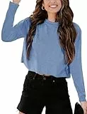 Imily Bela Langarmshirt Damen Cropped T Shirts Casual Loose Rundhals Crop Tops Oberteile Basic Tees Shirts.Blau.M
