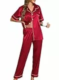 Lovasy Satin Schlafanzug Damen Lang Kurzarm Pyjamas Set mit Knöpfen V-Ausschnitt Pjs Sets Hausanzug Damen Zweiteiliger,Wein Rot, L