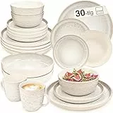SÄNGER Key West | Steingut Geschirr Set 30 tlg, Teller Set 6 Personen, 6x Speise- Dessertteller, Müslischalen, Pastaschalen, Kaffebecher Kombiservice Creme mit sandiger Maserung | VALUE COLLECTION