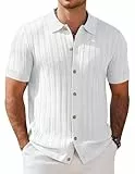 COOFANDY Herren Poloshirt Kurzarm Strick Polo Hemden mit Knopfleiste Zopfmuster Strickhemd Sommer Golf Shirts Weiß L