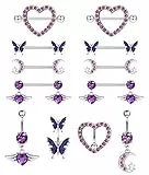 Kakonia 4Paar Nippelpiercing und 4Stk Bauchnabelpiercing Set for Damen Frauen 316L Edelstahl Blume Schmetterling Mond Herz Langhantel Nippelringe Fashion Körperschmuck