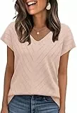 WIHOLL Pullover Damen Kurzarm Sommer Elegant T Shirt Leicht V-Ausschnitt Stretch Oberteile Basic Strickpullover Tops Aprikose XL