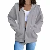 Sweatjacke Damen Full Zip Übergangsjacke mit Taschen Elegant Einfarbig Kapuzenpullover College Jacke mit Kapuze Leicht Baumwoll Hoodie Teenager Mädchen Sweatshirt Locker Sportjacke Trainingsjacke