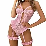 Satohom Dessous-Sets für Damen, sexy Spitzen-Body Push-Up BH mit Oberschenkelmanschetten, EIN StückNachtwäsche Unterwäsche, Teddy-Babydolls mit Strumpfgürtel, ohne Strümpfe Einheitsgröße