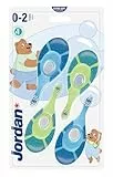 Jordan ® | Step 1 Baby Zahnbürste | Baby Zahnbürste 0-2 Jahre | Die Original Kleinkindzahnbürste mit extra weichen Borsten und weichem Beißring für Babygummis und Easy Grip | Blau und Grün | 4-pack