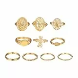 Flongo 10er Set Goldene Damen Ringe – Vintage Boho Knuckle Ringe mit Strass, Stapelbare Y2K Ring Set im Retro Stil, Verstellbare Fingerringe Schmuck Geschenk für Mädchen