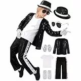 Kinder Retro Pop Star Kostüm 7-teiliges Set Paillettenjacke Gestreifte Hose Mit Hut Sonnenbrille Handschuhe & T-Shirt 90er Jahre Outfit Für Halloween Karneval Bühnenauftritt & Mottoparty