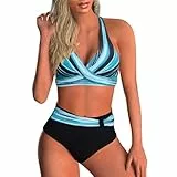Baynetin Damen Bikini Set Zweiteiliger Badeanzug V Ausschnitt überkreuztes Blumenmuster Sexy Push Up Bademode Bauchkontrolle Swimsuit (Blaue Streifen, M)