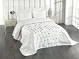 ABAKUHAUS Modern Tagesdecke Set, Big Little Pop-Art-Dots, Set mit Kissenbezügen Waschbar, für Doppelbetten 220 x 220 cm, Weiß Onyx