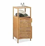Relaxdays Badschrank Bambus, HBT: 87 x 36,5 x 33 cm, schmales Badregal mit Tür, 2 offene Ablagen, Badkommode, Natur
