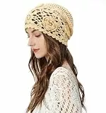 ZLYC Baumwolle Strickmützen Handgemacht Häkelmütze Slouch Beanie Mütze(Einfarbig Beige),Einheitsgröße
