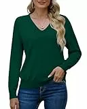 PrinStory Damen Pullover V-Ausschnitt Strick Sweatshirt Damen Langärmelig Für Damen Einfarbig Sweatshirts Geschenke Für Frauen (Dunkelgrün, XL)