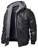 FLAVOR Echtes Lederjacke Herren Abnehmbarer Hoodie (L, Schwarz+Grau)