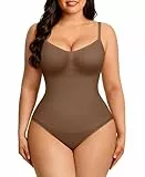FeelinGirl Shapewear Damen Body Shaper Nahtlos Bauchweg Bodysuit im Slip-Stil Schritt mit Knopfverschluss Miederbody mit Verstellbare Schultergurte Braun XS/S