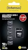 Intenso Premium microSD Karte 64GB 5er Set – microSDXC, Class 10 UHS-I, bis zu 90 MB/s, inkl. SD-Adapter, Micro sd Karte Set fur Smartphone & Kamera