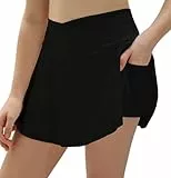 Haloumoning Tennisrock Mädchen Rock mit Hose Drunter Crossover High Waist Golf Skorts Sportrock für Kinder Sommer A-Linie Kurz Hosenrock Breezeful Falten Röcke Schwarz 8-9 Jahre