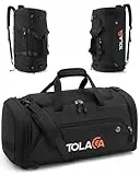 Tolaccea Sporttasche 56–70L für Herren & Damen– Erweiterbare Reisetasche mit Schuhfach & Nassfach, als Rucksack tragbar, für Fitness, Gym, Schwimmen, Fußball, Reisen (Schwarz)