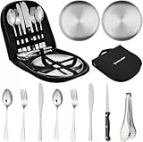 PURPLEBIRD Camping-Besteck Set Silberner - 10-teiliges Geschirr Set für 2 Personen bei Picknick & Reisen Tragbares Edelstahl Geschirr Set Mit Etui deal für Outdoor, Camping
